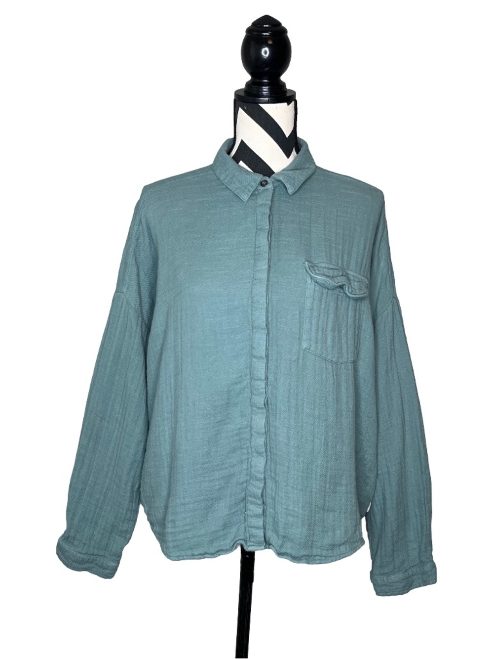 HarperSage Sz L Gauze 100% Cotton Green Boho Coastal Button Front Shirt